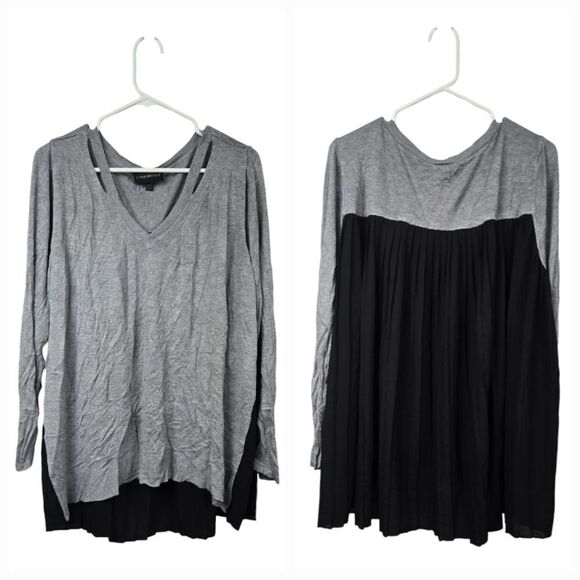 Lane Bryant Pleated Chiffon Back Gray Sweater Pullover Cut Out V-Neck Plus Size - Picture 1 of 13